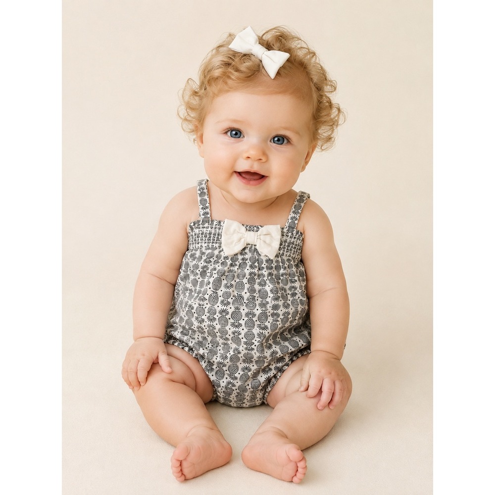 Janie and Jack Baby Girl Pineapple Bubble Romper Black White Bow 3-6 Months